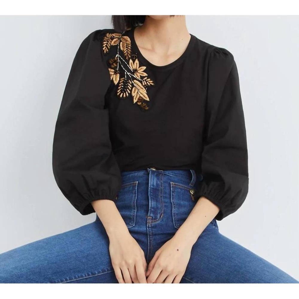 VERONICA BEARD franchi embellished applique top in black puff sleeve size small